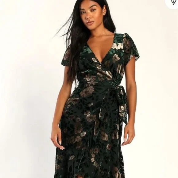 Lulus | Dresses | Chic Status Emerald Green Floral Velvet Burnout Wrap Midi  Dress | Poshmark
